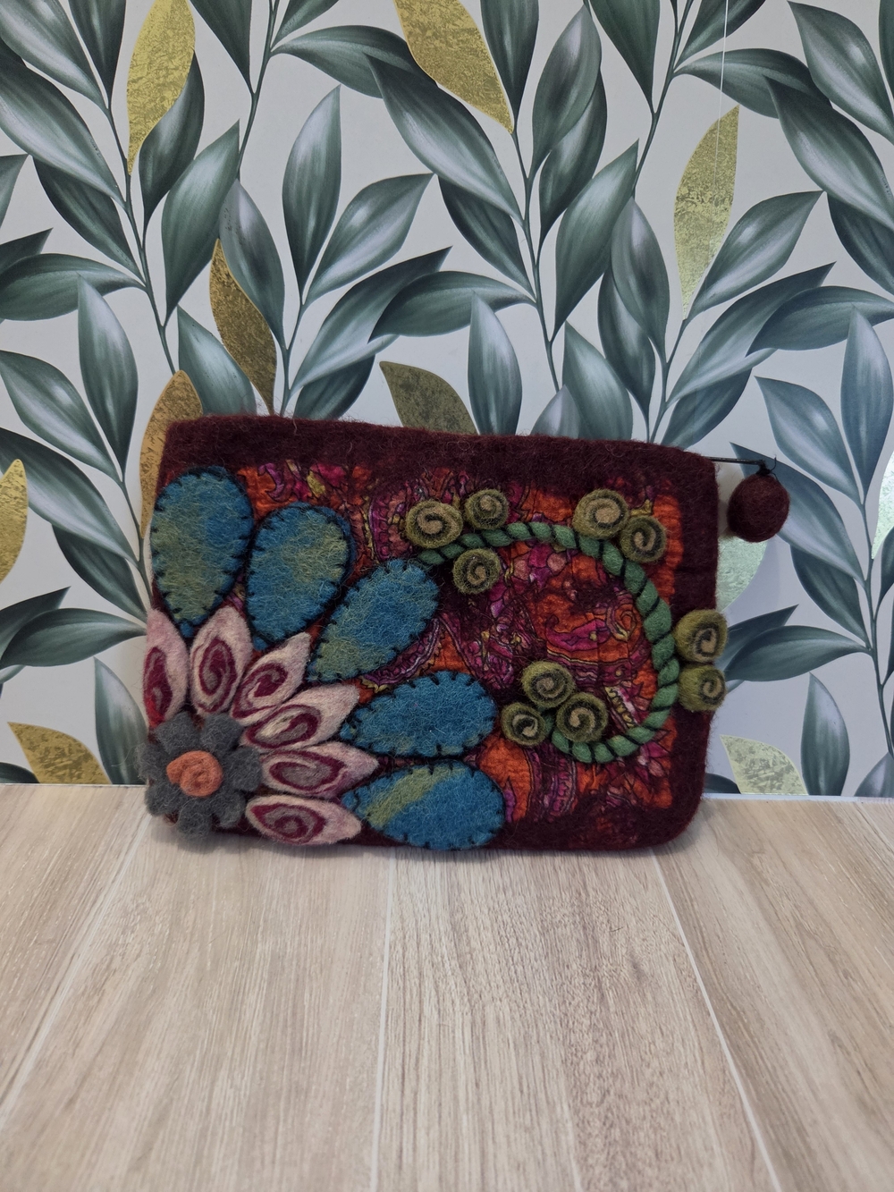 Rising Tide Nepal Handmade 100% Wool Felt 3D Floral Pouch Clutch 8x6